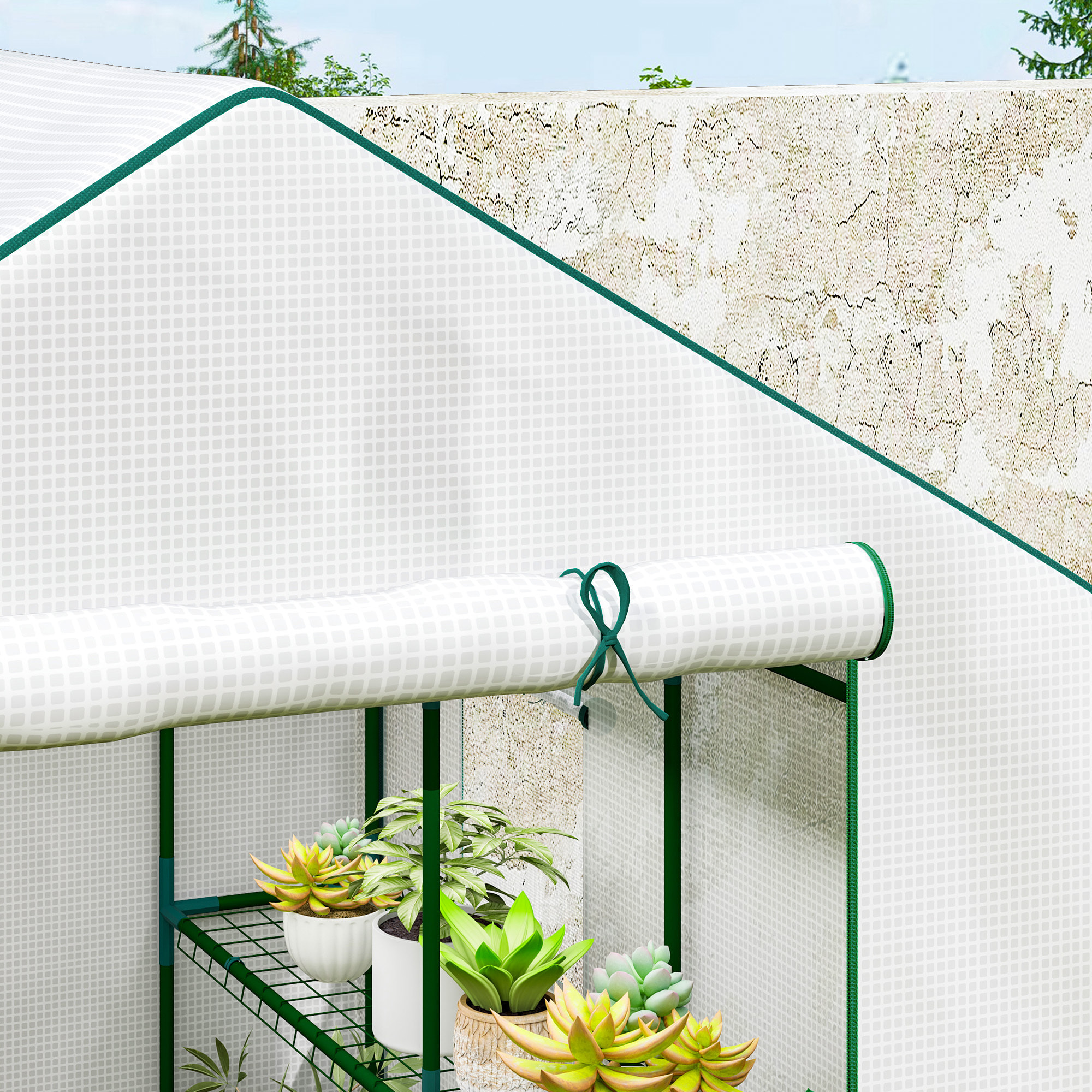 Serre de jardin 4 tablettes dim. 1,4L x 1,43l x 1,9H m porte déroulante fenêtre acier PE haute densité blanc