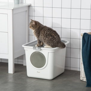 Maison de toilette litière pour chat double porte battante et supérieure - pelle incluse - blanc gris