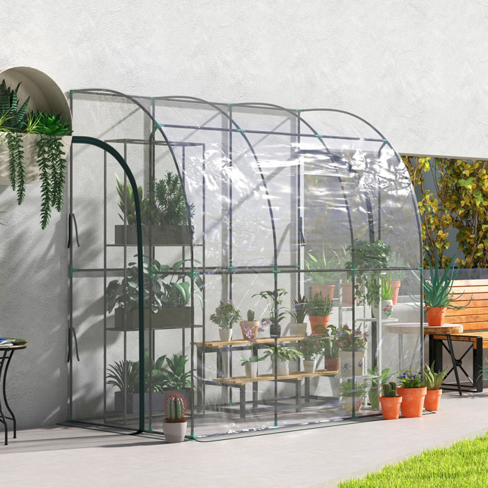 Serre de jardin adossée serre adossée dim. 2,14L x 1,18l x 2,12H m 2 portes zippées enroulables acier PVC transparent