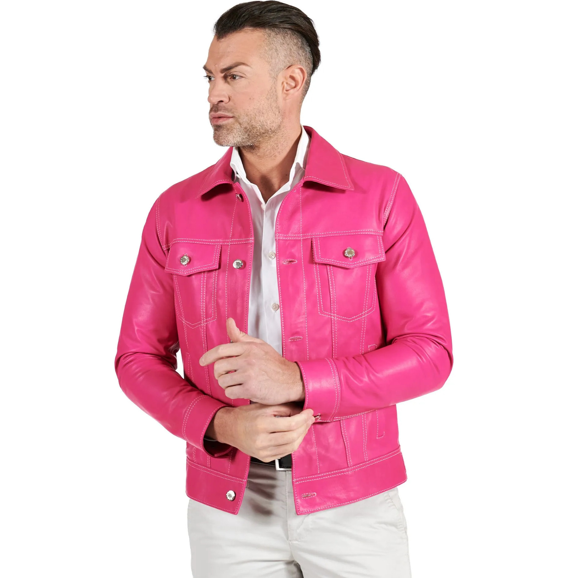 Giacca pelle naturale fuxia con bottoni e collo camicia