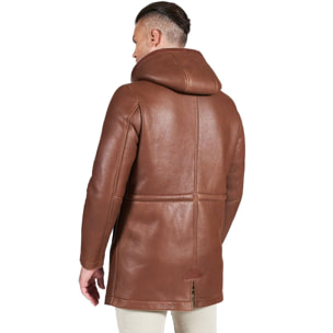 Cappotto montone cuoio Shearling uomo cappuccio staccabile