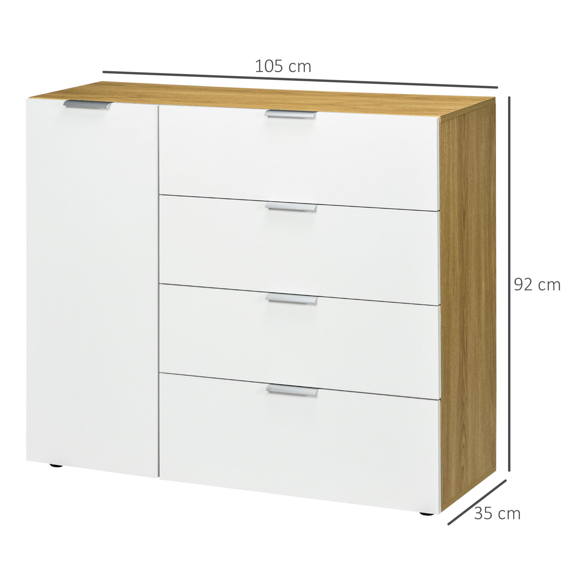 Aparador de Salón Cajonera y Cómoda con 4 Cajones de de Alto Brillo Puerta y Estantes Ajustables para Comedor Dormitorio 105x35x92 cm Blanco y Natural
