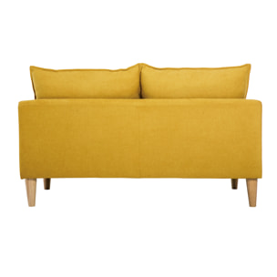 Canapé scandinave 2 places en tissu effet velours jaune moutarde et bois clair KATE