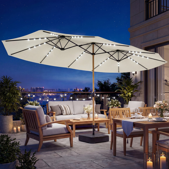 Sombrilla Doble con 48 Luces LED, 4,6x2,6 m, Sombrilla Terraza Exterior con Base Incluida, Manivela, Sacos Arena, Funda, Anti-UV, Resistente al Agua, Parasol para Jardín, Terraza, Crema