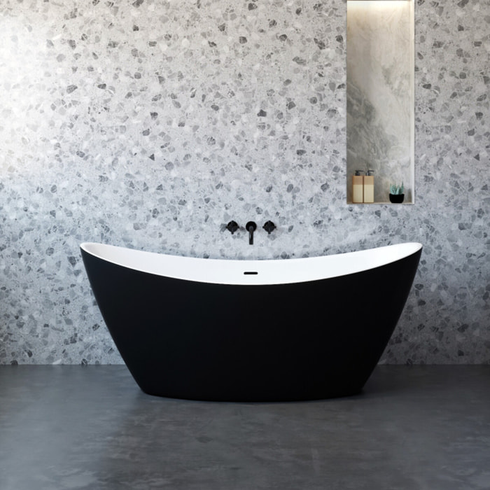 MSV - Anabelle Baignoire Îlot Ovale 170 cm en Acrylique Noir Mat, Baignoire 1 Place avec Vidage Central et Trop-plein Chromé