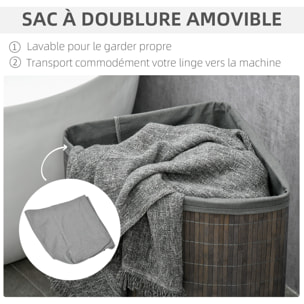 Panier à linge d'angle corbeille à linge bac à linge 55 L couvercle sac amovible poignée bambou tissu gris