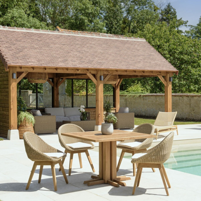 KALLY - Ensemble de jardin : table carrée en bois de teck recyclé et rotin synthétique, 4 pers.