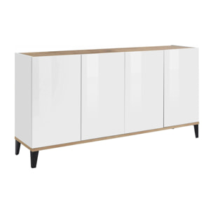 Credenza moderna a 4 ante, Made in Italy, Madia da cucina rialzata, Buffet di design da soggiorno, Cm 160x40h82, Bianco lucido e Acero