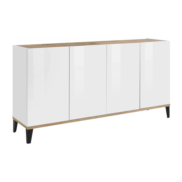 Credenza moderna a 4 ante, Made in Italy, Madia da cucina rialzata, Buffet di design da soggiorno, Cm 160x40h82, Bianco lucido e Acero