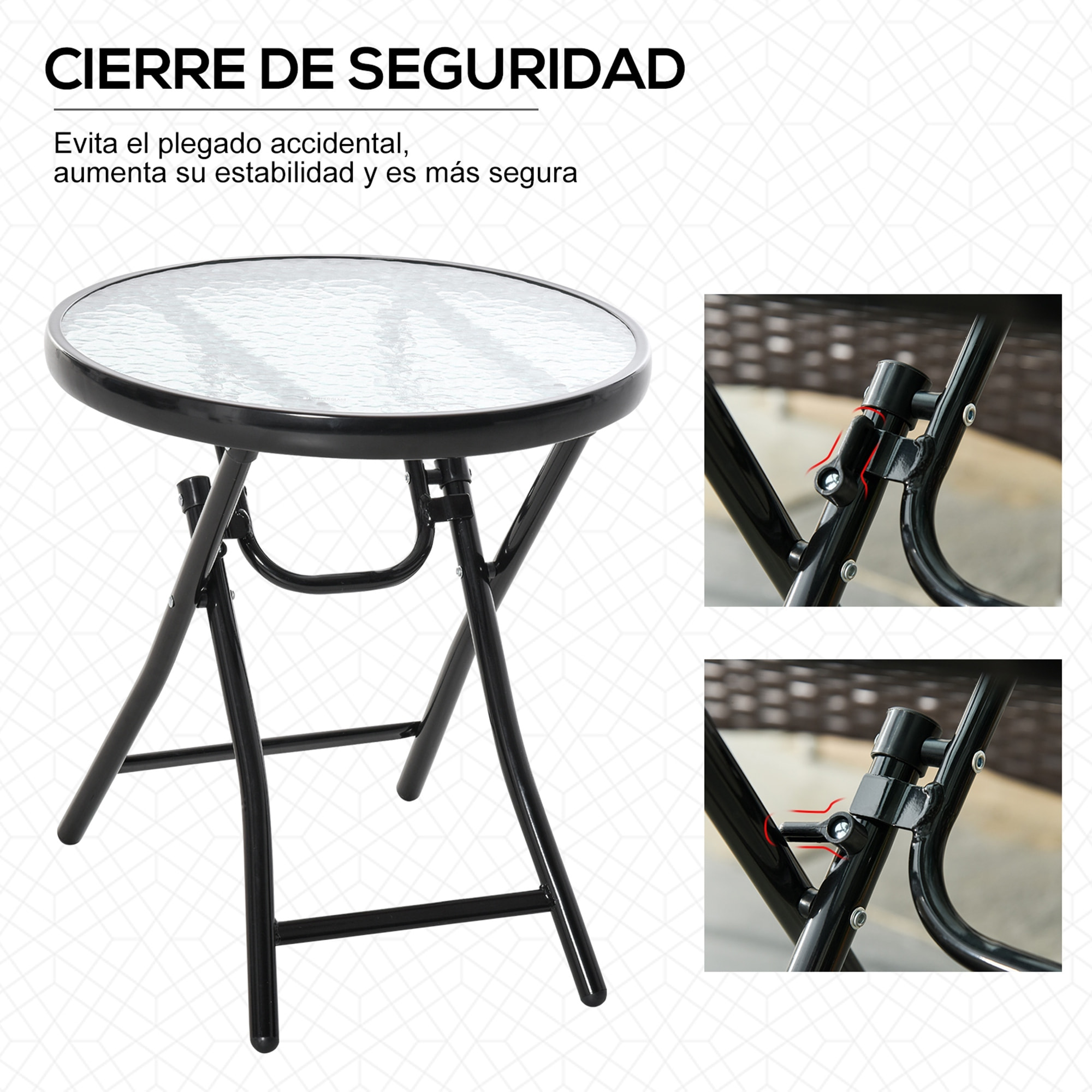 Mesa de Vidrio Redonda Plegable Mesa de Jardín con Hebilla de Seguridad Borde Cubierto de Metal Patio Interior y Exterior Ø45x50 cm Negro