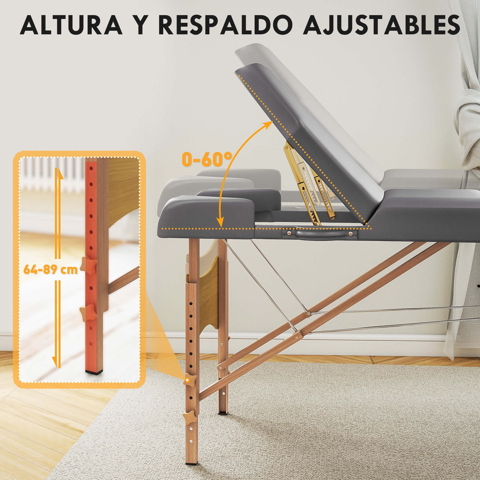 Camilla Masaje Plegable Portátil Camilla Estética Profesional de Madera de 3 Zonas con Altura, Respaldo, Soporte para Piernas, Reposacabezas Ajustables Brazos Acolchados 215x60x64-89 cm Gris