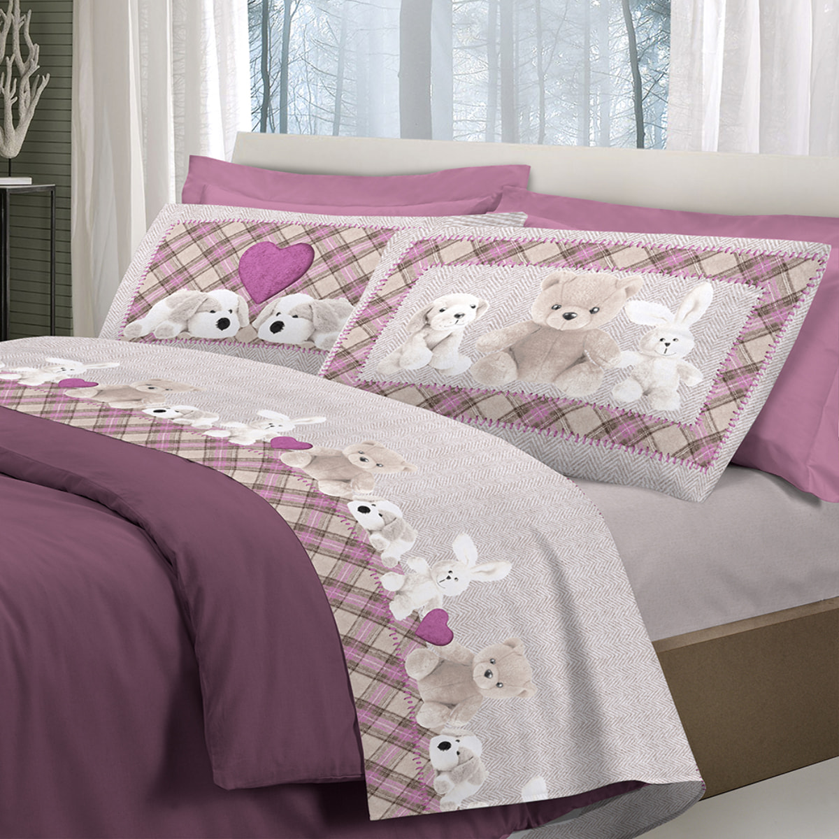 Completo letto peluche rosa 100% cotone