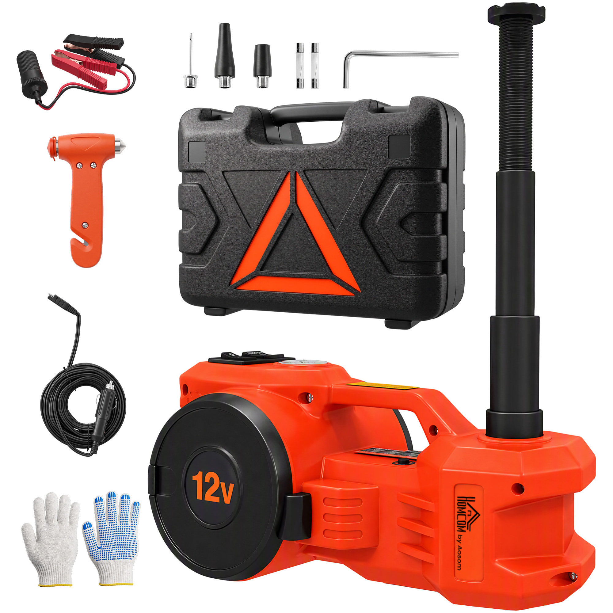 HOMCOM Kit de Gato Hidráulico Eléctrico de 5T 12V, Elevador de Coche Automático 155-450 mm, Gato Elevador con Bomba Aire, Llave Hexagonal, Martillo de Seguridad y Maletín Reflectante para SUV y Sedán