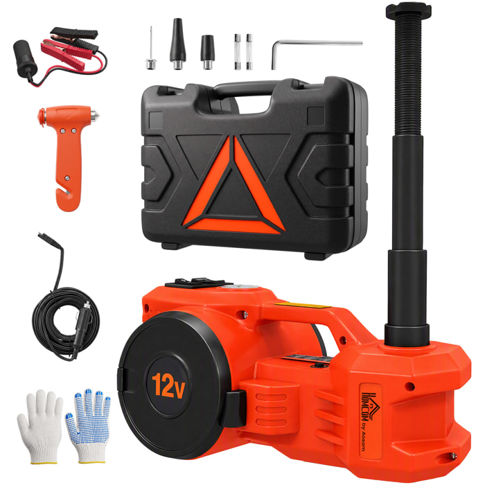 HOMCOM Kit de Gato Hidráulico Eléctrico de 5T 12V, Elevador de Coche Automático 155-450 mm, Gato Elevador con Bomba Aire, Llave Hexagonal, Martillo de Seguridad y Maletín Reflectante para SUV y Sedán
