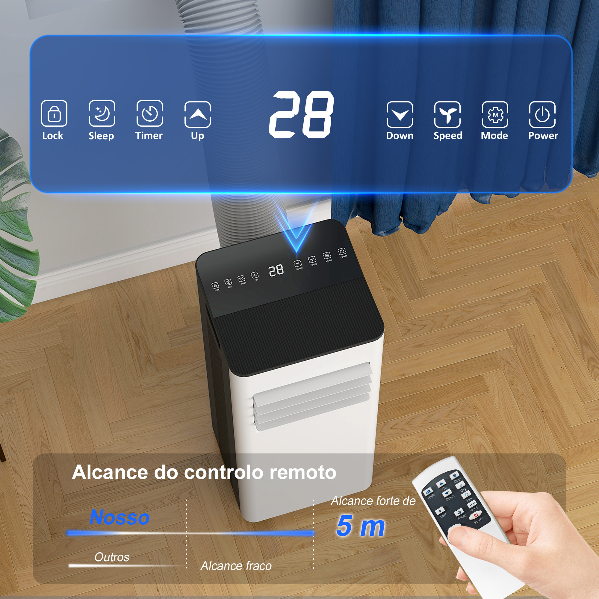 Aire Acondicionado Portátil 3 en 1 9000 BTU Enfriador Ventilador Deshumidificador 24,1 L/Día con Control Remoto Pantalla LED Temporizador 24h 2 Velocidades para Habitación 28m² Blanco