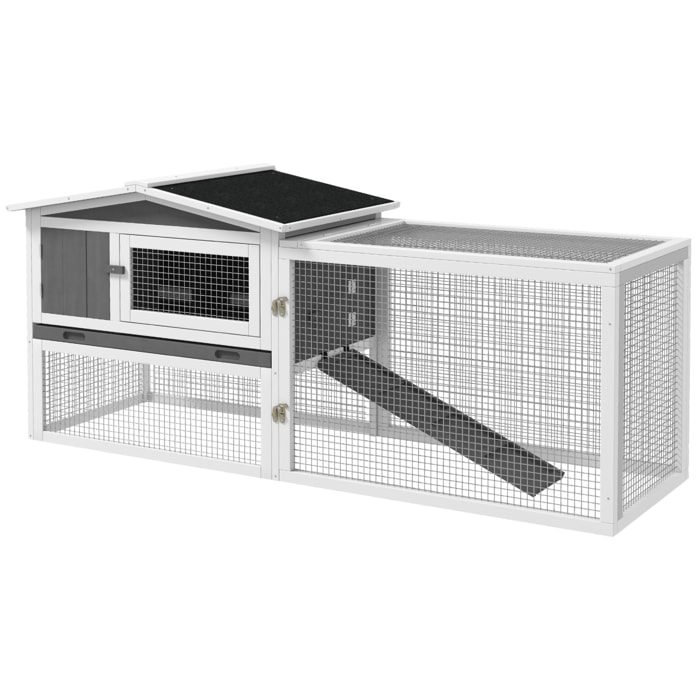 Clapier cage à lapins rongeurs 2 étages tiroir déjection enclos extérieur toit ouvrant bois sapin blanc gris