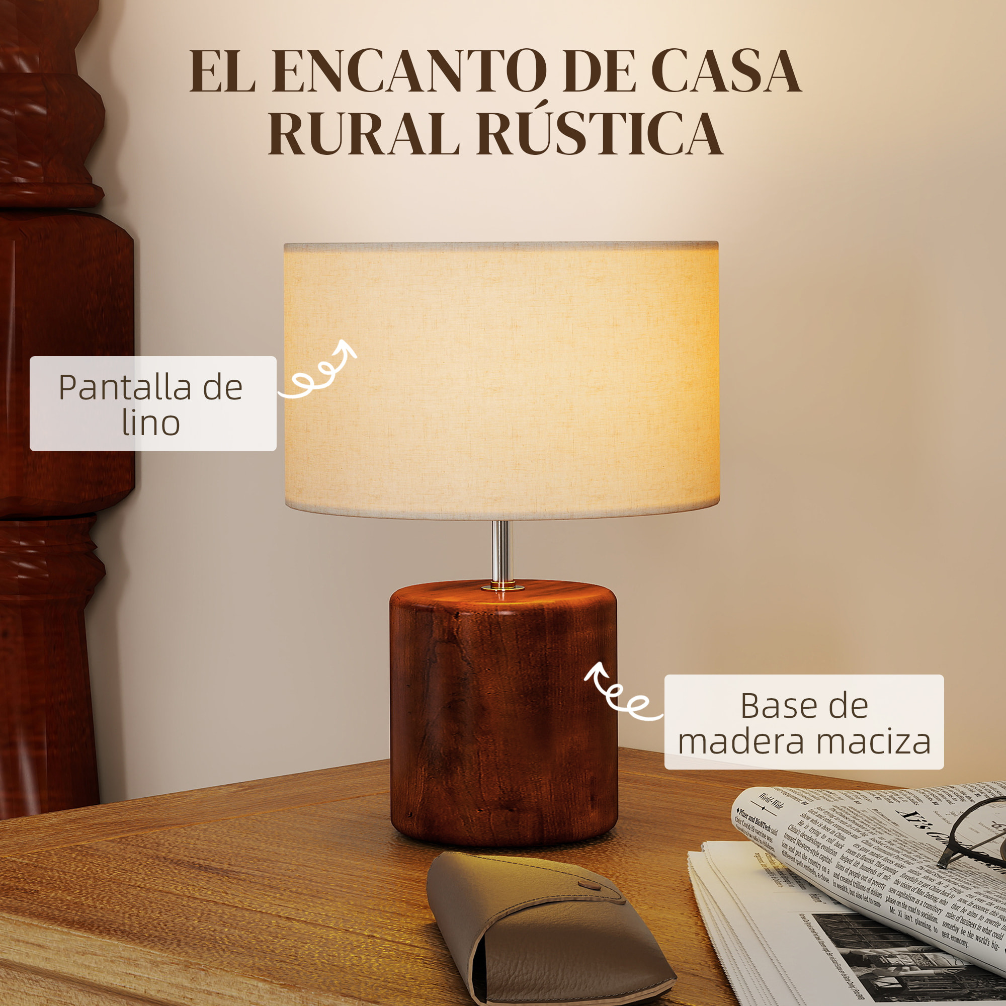 Lámpara de Mesa Rústica, Lámpara de Mesita de Noche con Base de Madera, Pantalla de Lino, Interruptor Basculante, para Dormitorio, Salón, E27, 40W, Marrón Oscuro