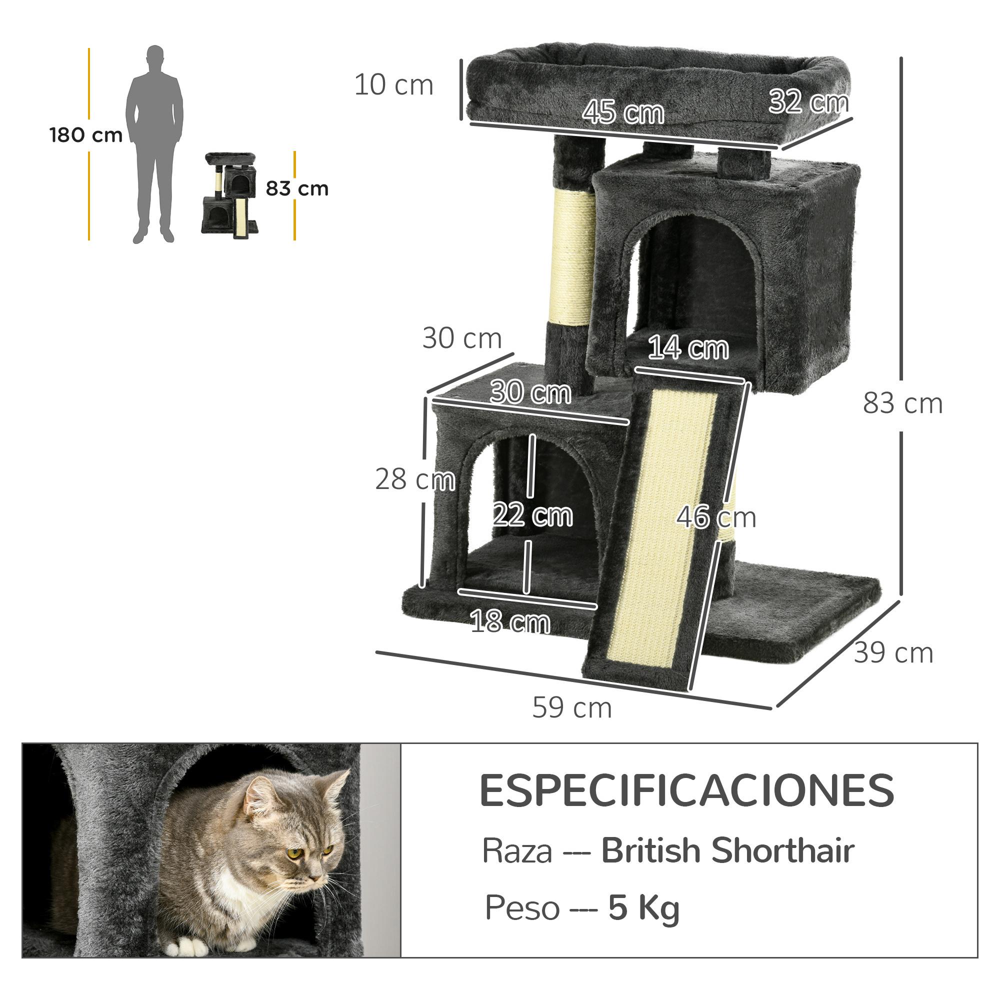 Árbol Rascador para Gatos de Sisal y Felpa 59x39x83 cm Gris