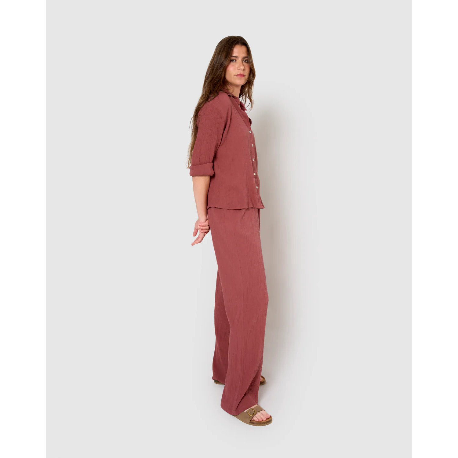 Pantalón algodón lino malva/rosa