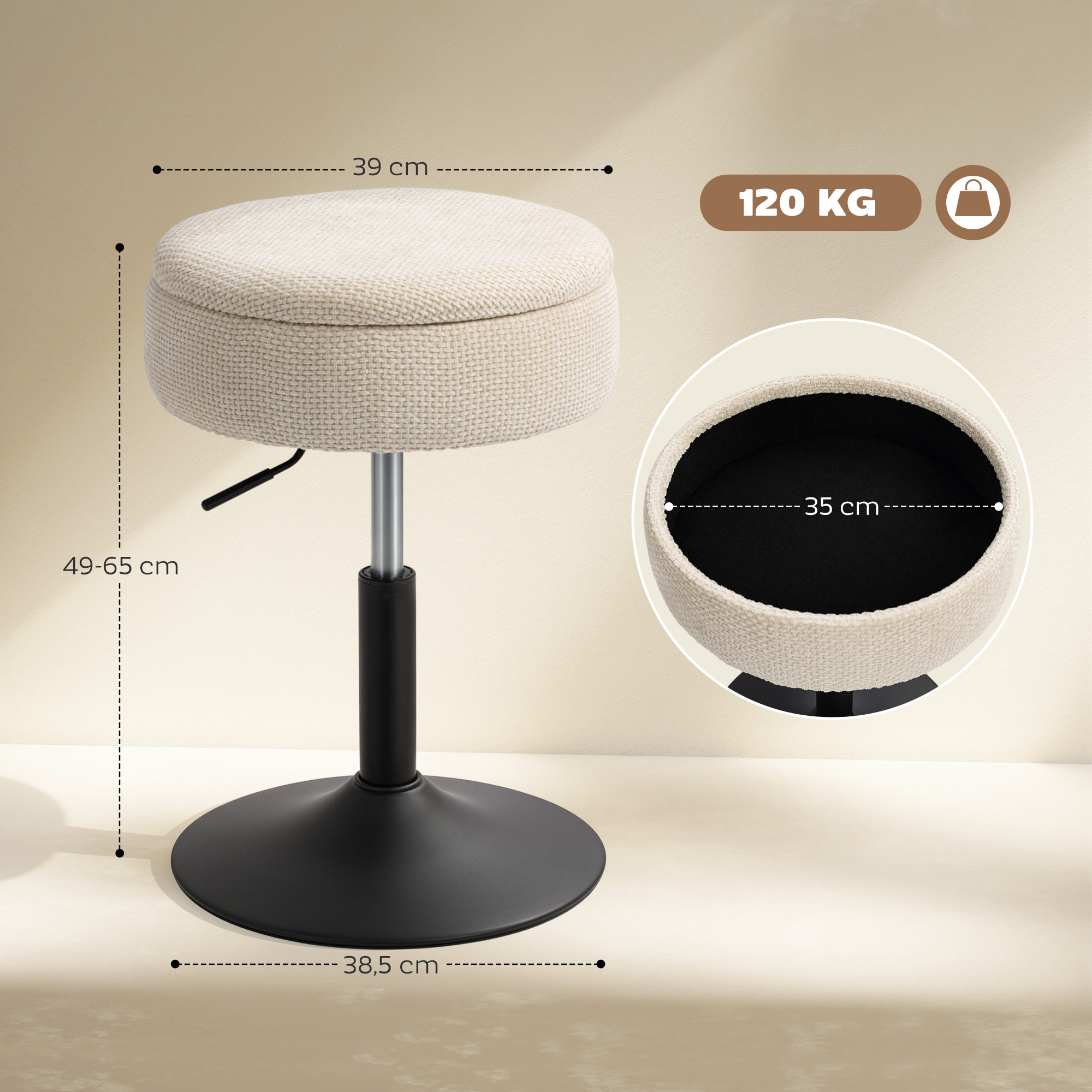 Taburete de Bar con Almacenaje, Altura Ajustable, Taburete de Cocina Redondo, Giratorio, Tapizado en Chenilla, Base de Acero, Diseño Botones, Acolchado, para Salón, Comedor, Oficina, Beige