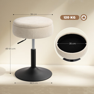 Taburete de Bar con Almacenaje, Altura Ajustable, Taburete de Cocina Redondo, Giratorio, Tapizado en Chenilla, Base de Acero, Diseño Botones, Acolchado, para Salón, Comedor, Oficina, Beige