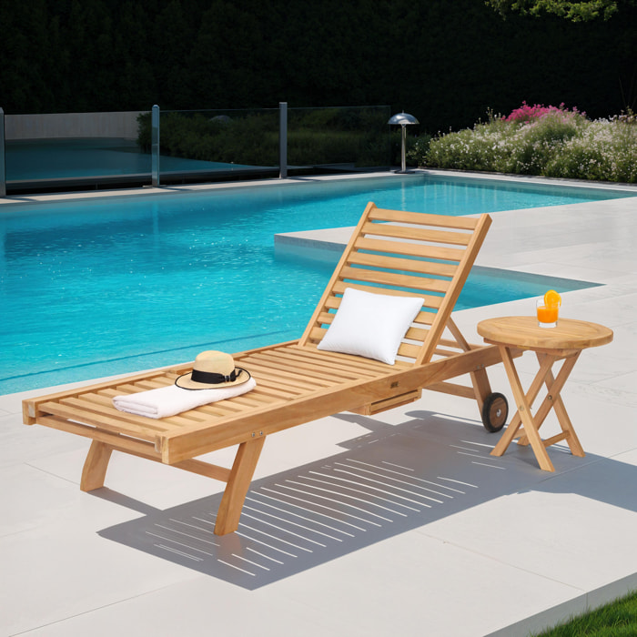 Ensemble bain de soleil pliant en teck avec table d'appoint LOMBOK