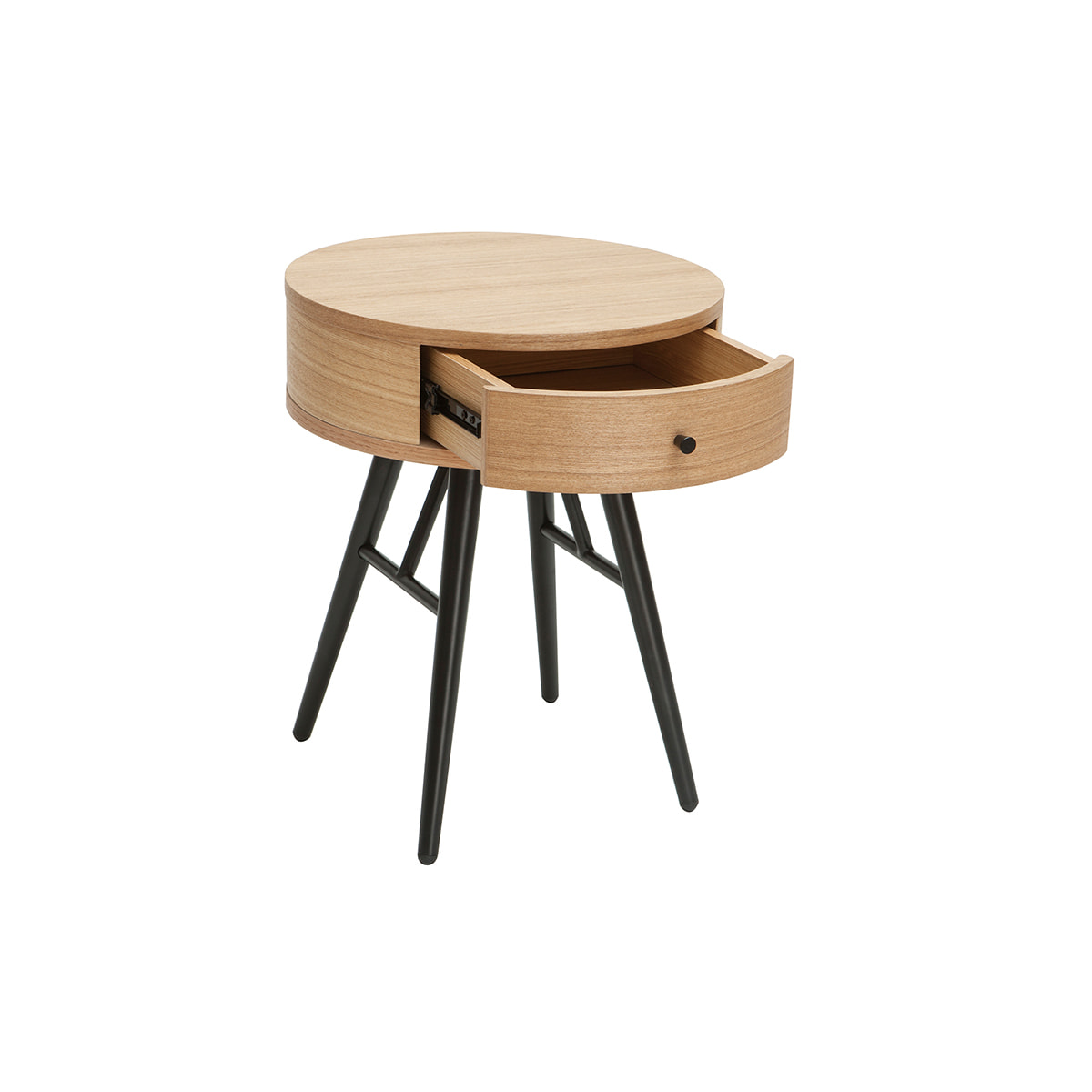 Table de chevet ronde avec tiroir bois clair et métal noir KORAL