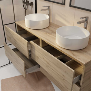 Meuble de salle de bains 140 TIMBER Décor Chêne - 4 Tiroirs - 2 Vasques Rondes Blanches 36cm