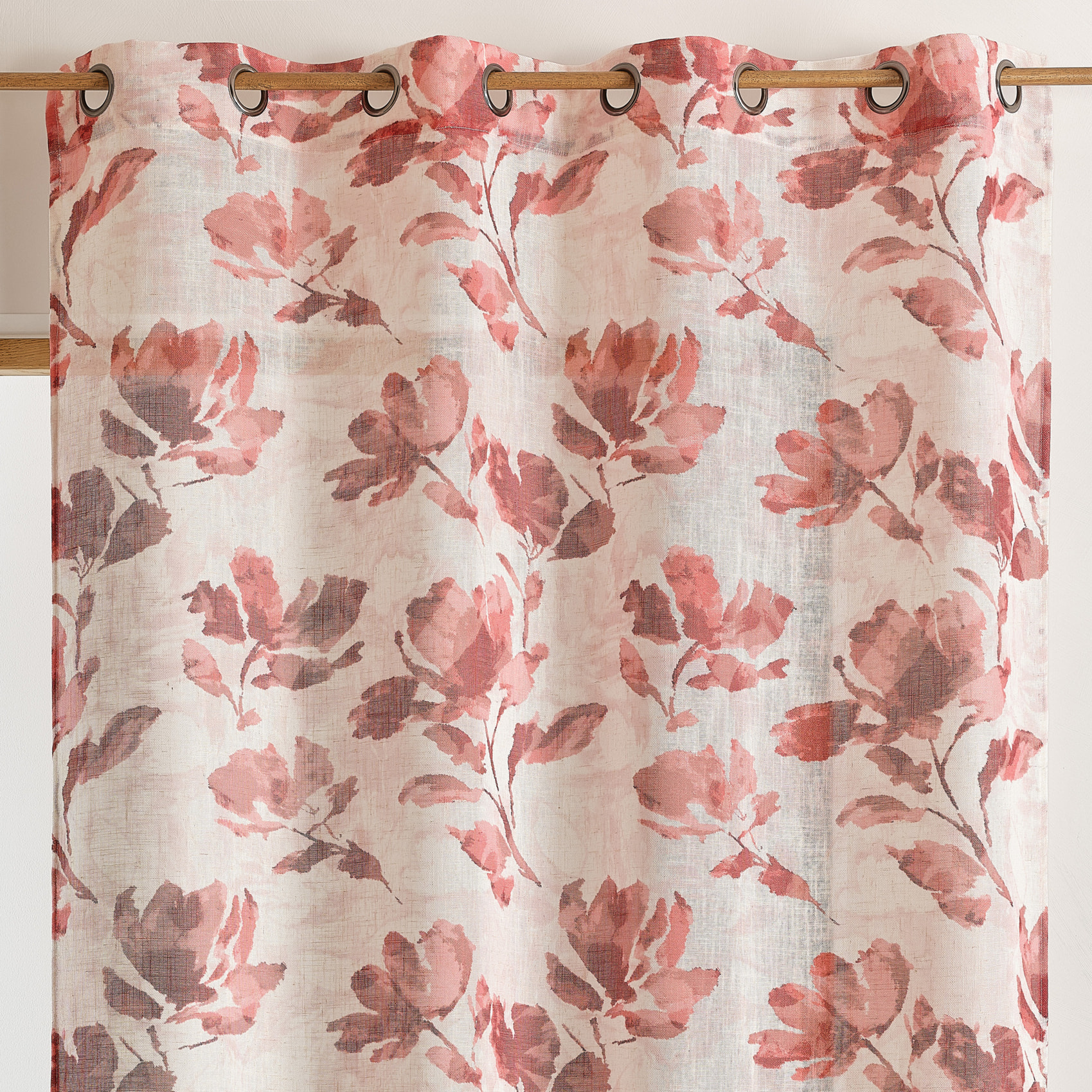 Voilage poly-lin imprimé à motif floral avec œillets - Bordeaux