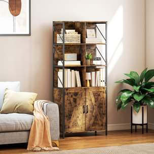 Librería de 6 Niveles, Estantería de Libros Organizador con 6 Compartimentos Abiertos, 2 Puertas y Estante Ajustable, Estilo Industrial para Salón Oficina Dormitorio 75x34x172 cm Marrón Rústico