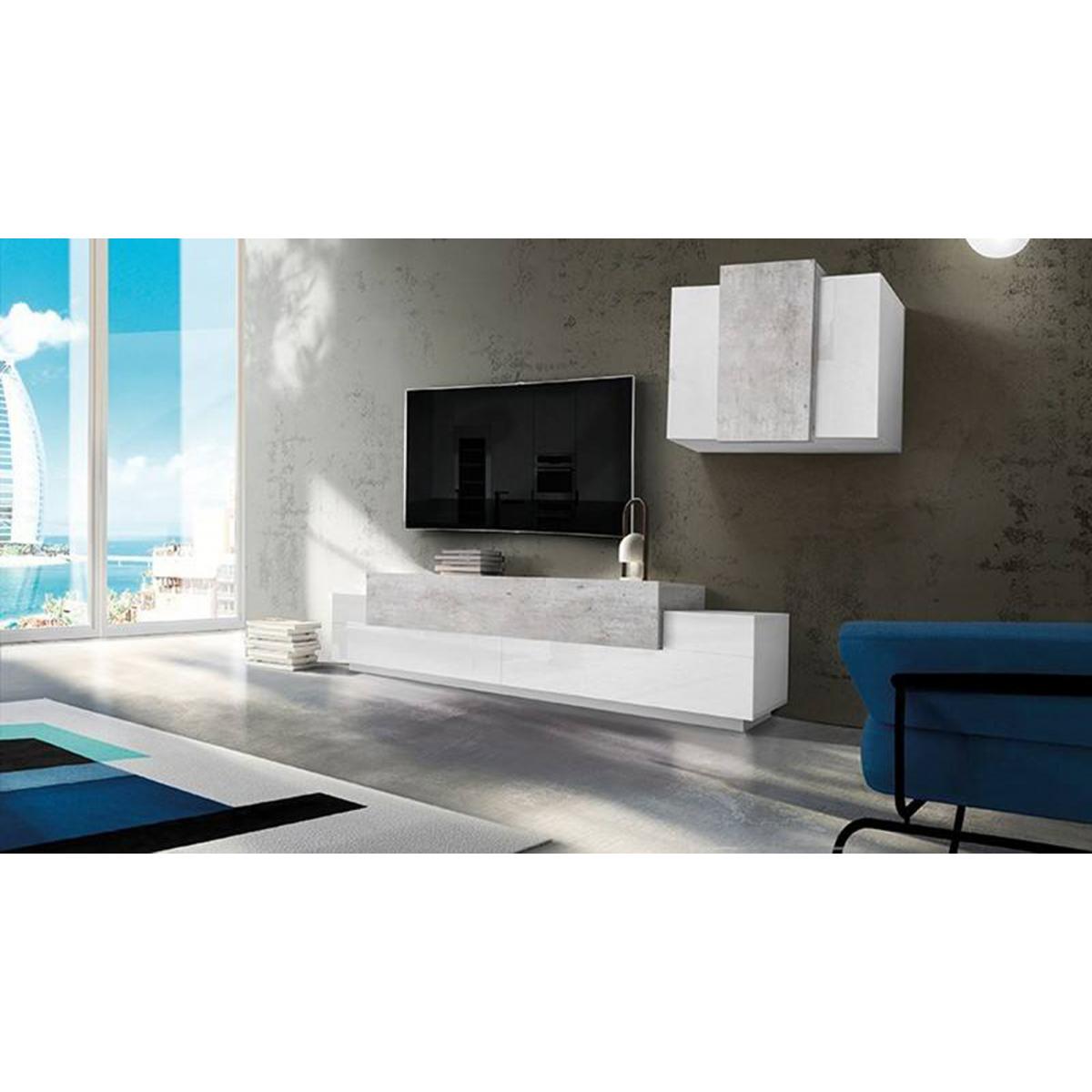 Parete attrezzata da soggiorno modulare, Made in Italy, Base porta TV e pensile sospeso, Set salotto moderno, cm 280x45h180, colore Bianco lucido e Cemento