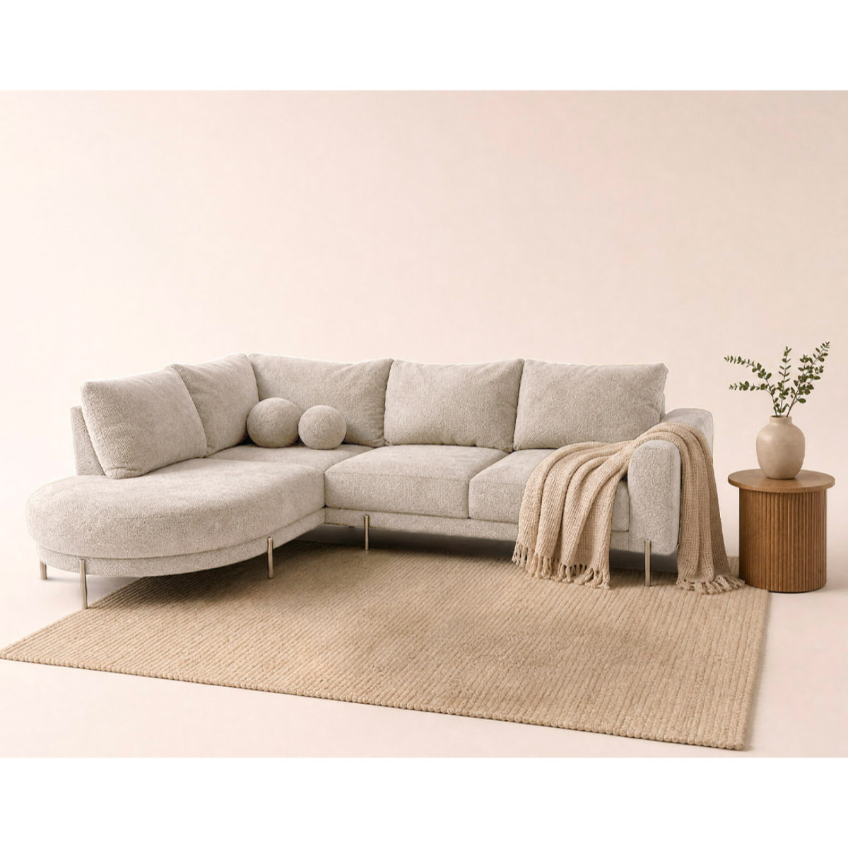 Gabin - Canapé d'angle gauche 5 places en velours texturé - Beige