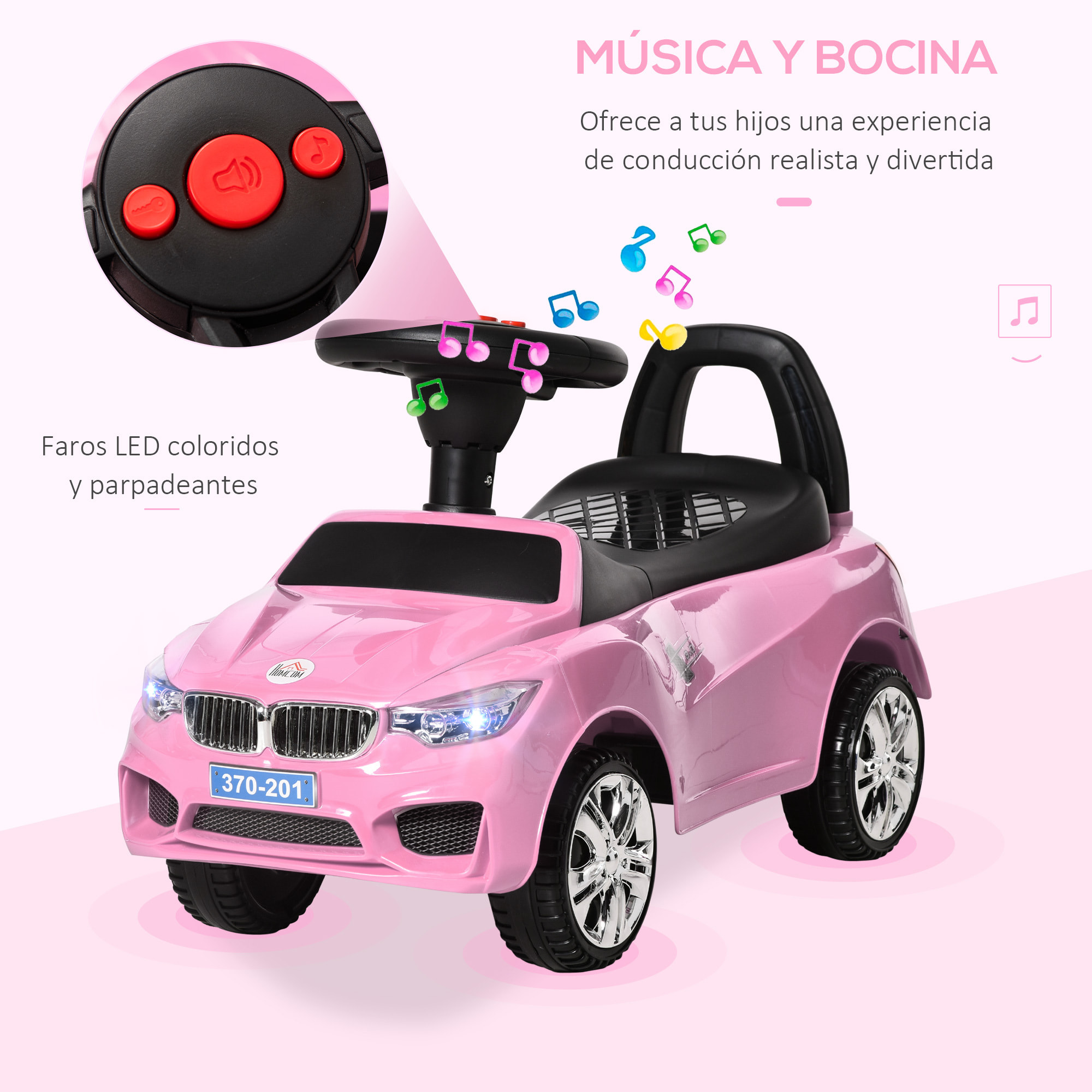 Coche Correpasillos para Niños 18-36 Meses con Faros Música 63,5x28x36 cm Rosa