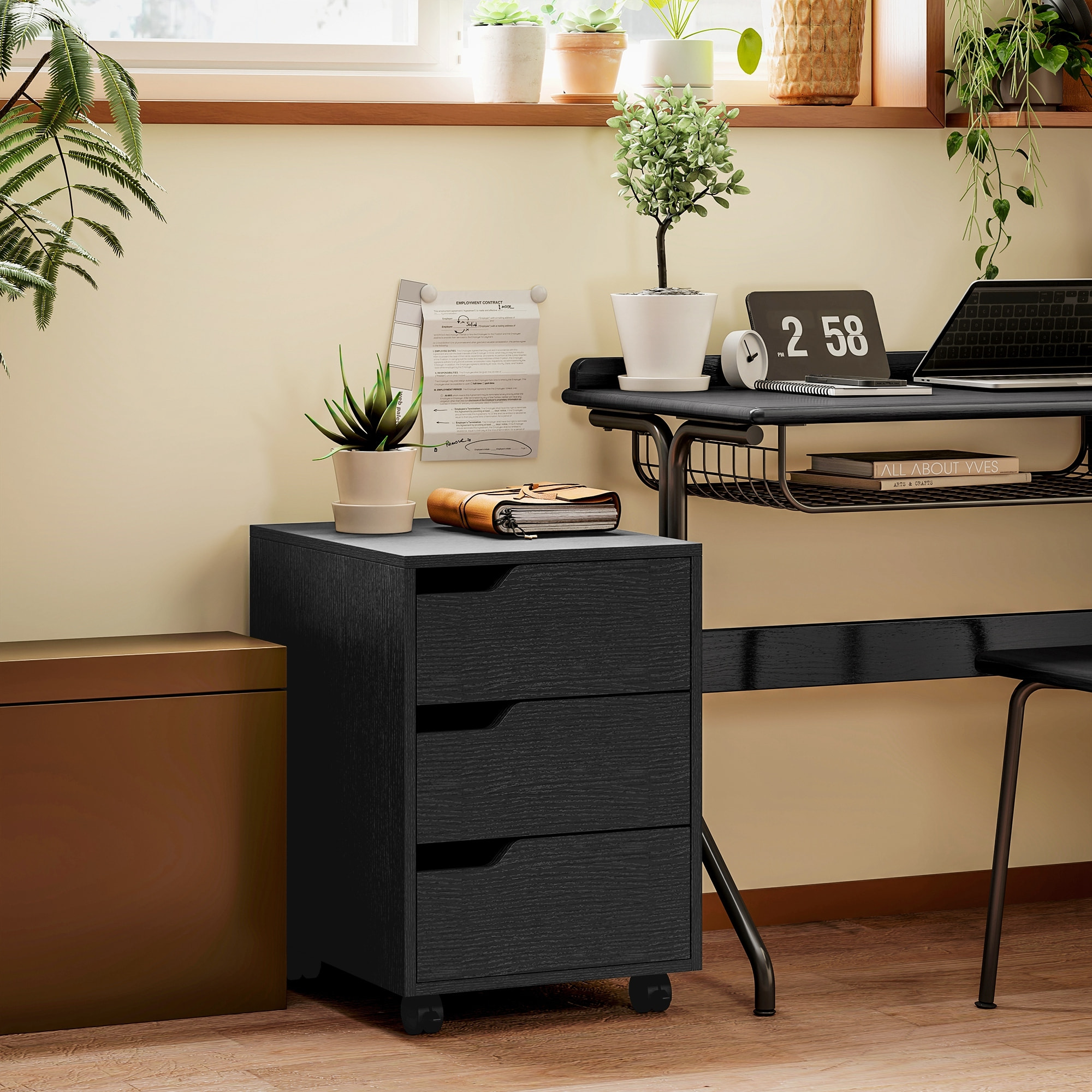 Caisson bureau mobile avec 3 tiroirs, meuble rangement bureau sur roulettes pour documents et imprimante, 40x50x57,5cm, noir