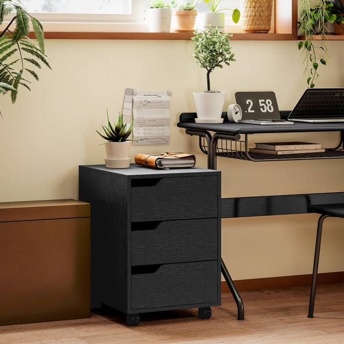Caisson bureau mobile avec 3 tiroirs, meuble rangement bureau sur roulettes pour documents et imprimante, 40x50x57,5cm, noir