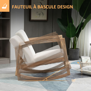 Fauteuil lounge à bascule bois hévéa revêtement effet peau de mouton polyester crème