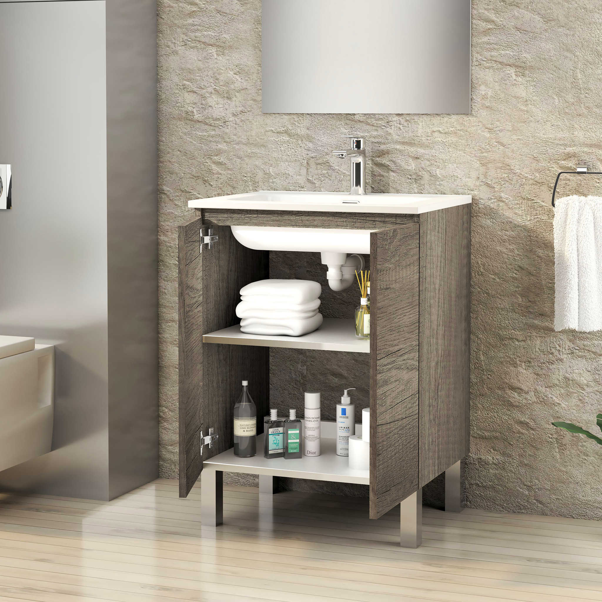 Conjunto de Baño Lust | 60 cm Nebraska | Dos Puertas | Lavabo Encastrado | No incluye Espejo | Mueble Montado | Alday