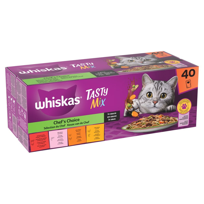 WHISKAS Tasty Mix 80 Sachets fraîcheur en sauce 4 variétés pour chat 85g (2x40g)