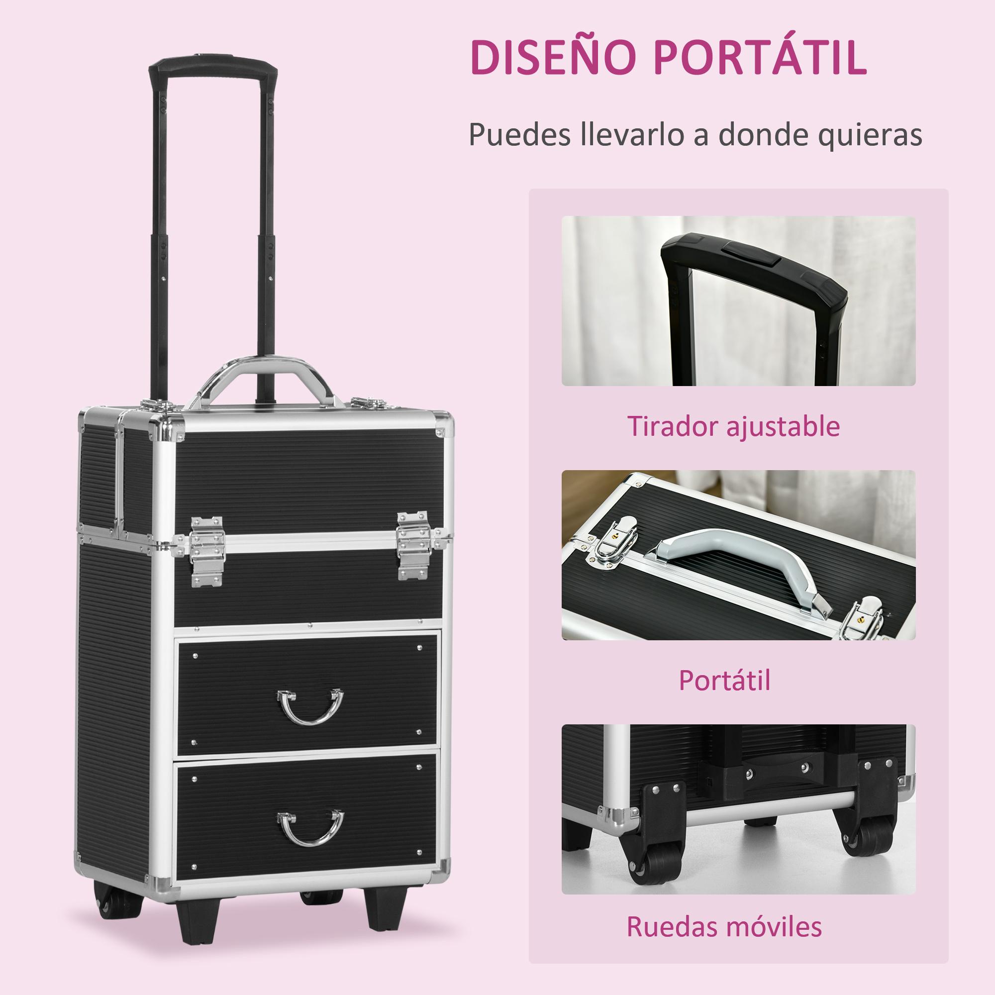 Maleta de Maquillaje Profesional Estuche para Cosméticos con Ruedas Trolley Maquillaje con 6 Cajones Extensibles Cerradura 2 Llaves y Asa Retráctil 36x23x58 cm Negro