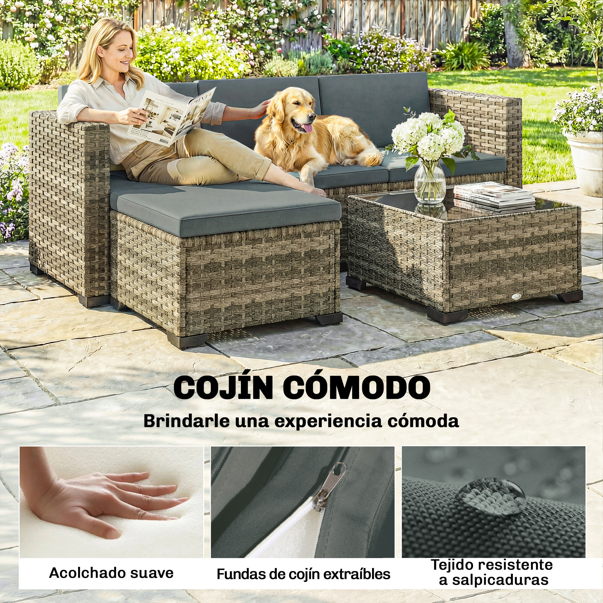 Conjunto de Jardín de Ratán de 5 Piezas, Conjunto Terraza Resistente, Muebles Jardín Exterior Incluye Cojines, 2 Sillones de Esquina, Sillón sin Brazos, Reposapiés y Mesa Centro, Gris Oscuro