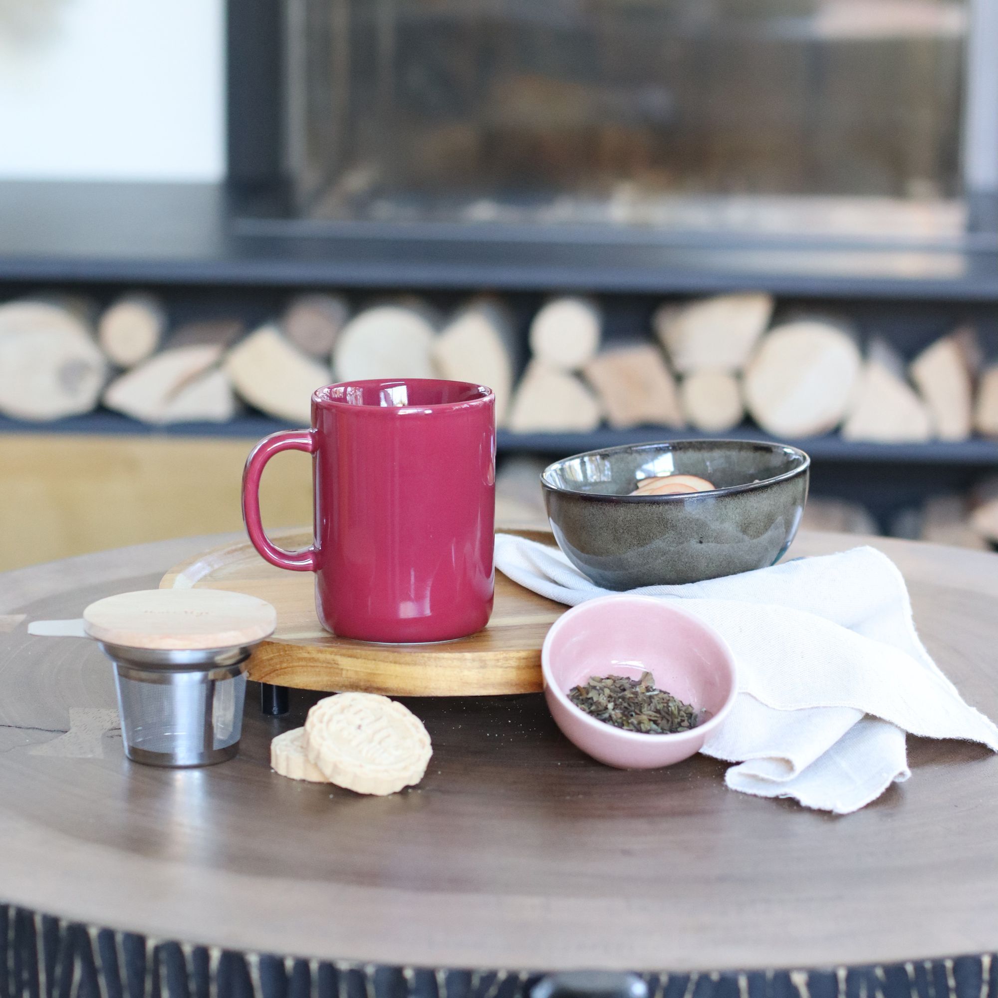 Tisanière en grès bordeaux avec couvercle en bois 350ml ANNA