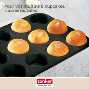 Lot comprenant 1 Moule à Muffins 12 empreintes, 1 spatule Zenker et 2 bols à mixer en inox Fackelmann