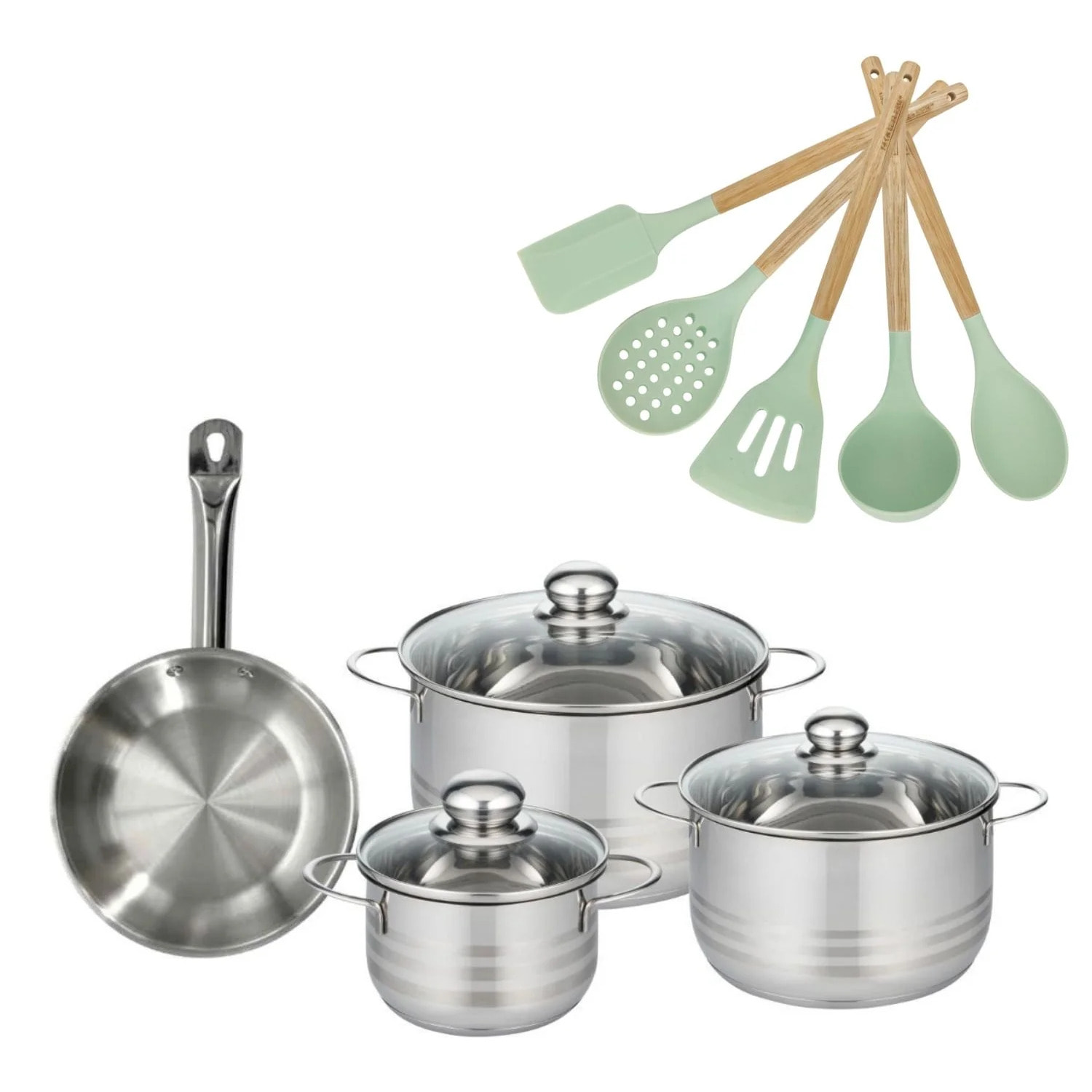 Lot Poêle et 3 Faitouts 16/20/24cm Fackelmann Etherna avec 5 ustensiles Océan