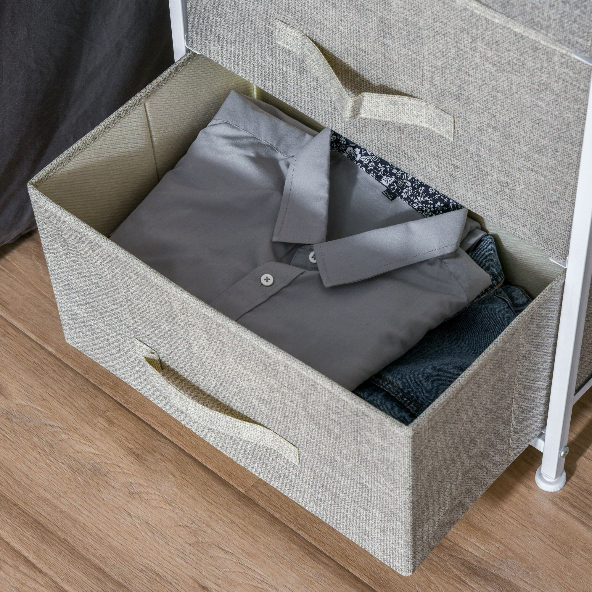 Rangement 3 tiroirs chiffonnier métal blanc effet bois clair non tissé gris clair