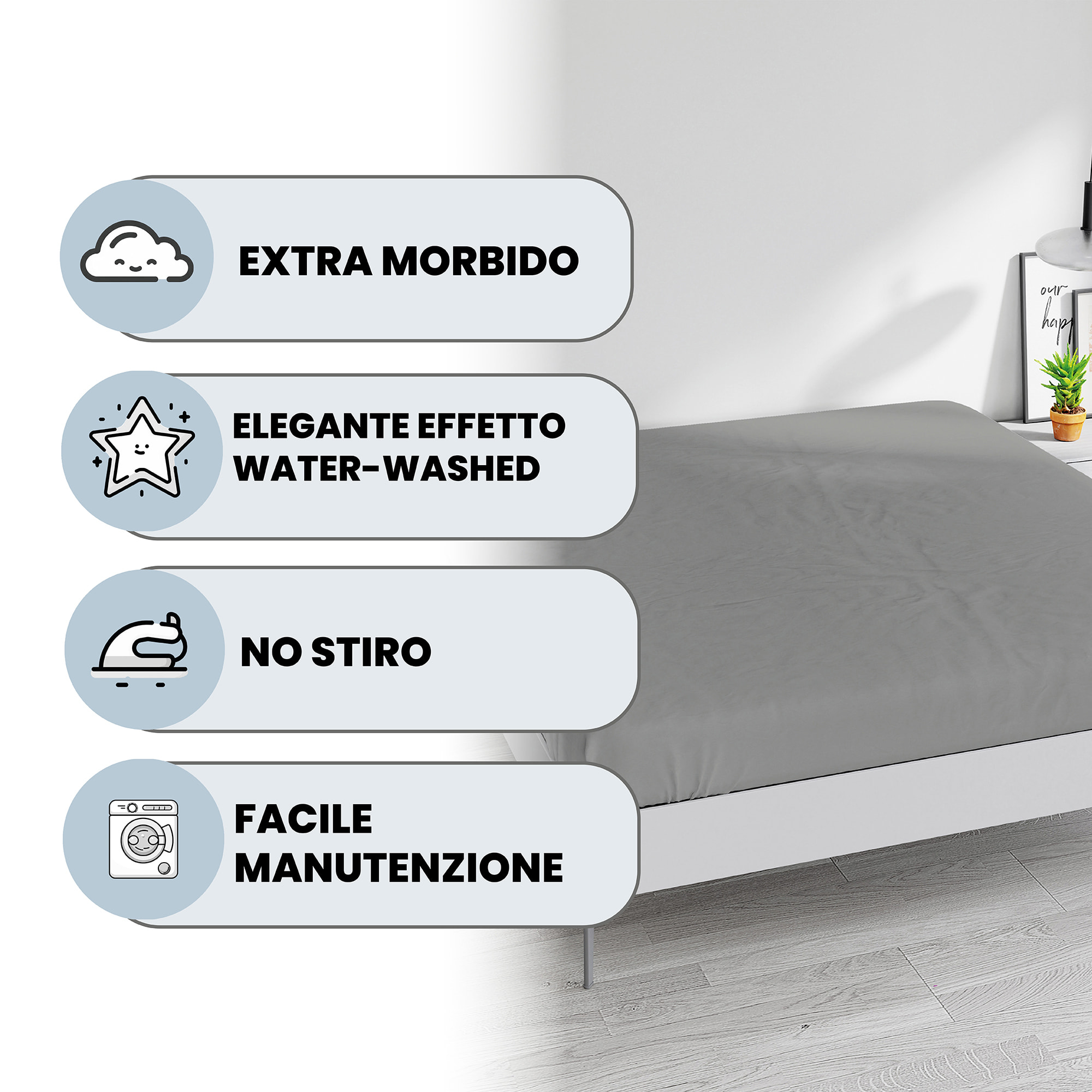 LENZUOLO SOTTO WATERWASHED, con angoli, 100% Microfibra, No Stiro - GRIGIO CHIARO