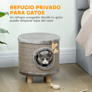 Casa para Gatos 3 en 1 Taburete, Reposapiés, Cama para Gatos con Rascador, Patas de Madera y Pluma Colgante, Cueva para Interior, 36x36x38 cm, Gris