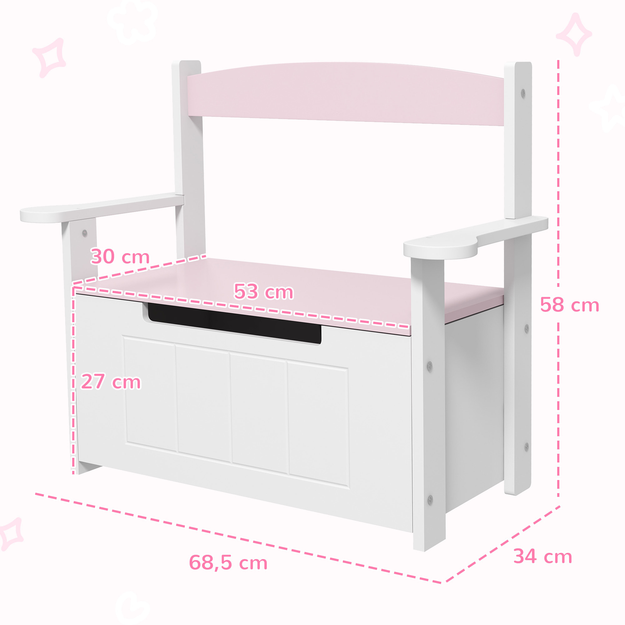 Baúl para Juguetes Infantil, Banco Almacenaje para Niños, con Respaldo y Tapa Amortiguadora, Carga 30 kg, para Salas de Juego, Dormitorio, 68,5x34x58 cm, Rosa y Blanco