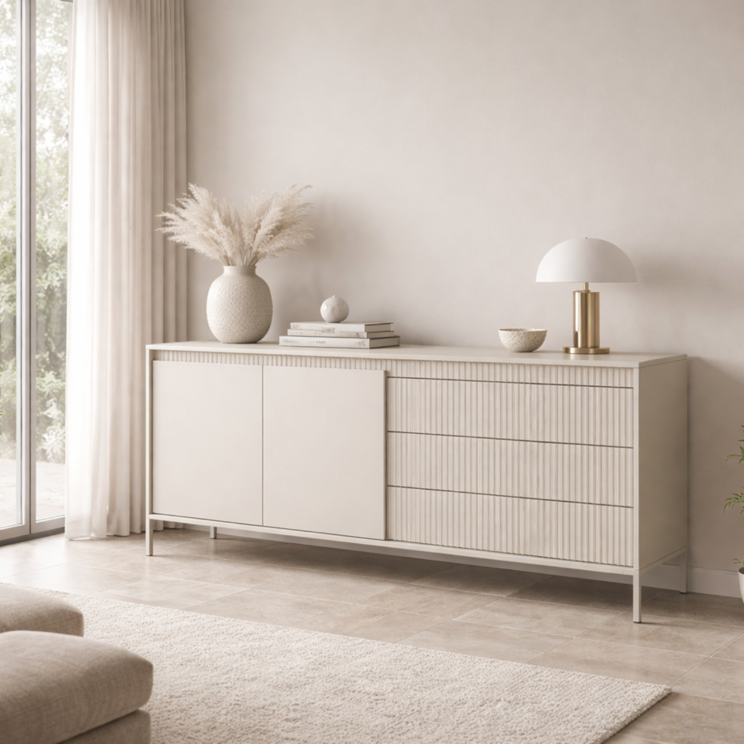 Madia Credenza 2 Ante 3 Cassetti Push To Open Con Ripiani E Vani Mobile Soggiorno Design Moderno Con Piedini In Metallo 187.1 x 81.4 x 39.5 Cm Cashmere
