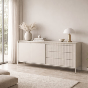 Madia Credenza 2 Ante 3 Cassetti Push To Open Con Ripiani E Vani Mobile Soggiorno Design Moderno Con Piedini In Metallo 187.1 x 81.4 x 39.5 Cm Cashmere