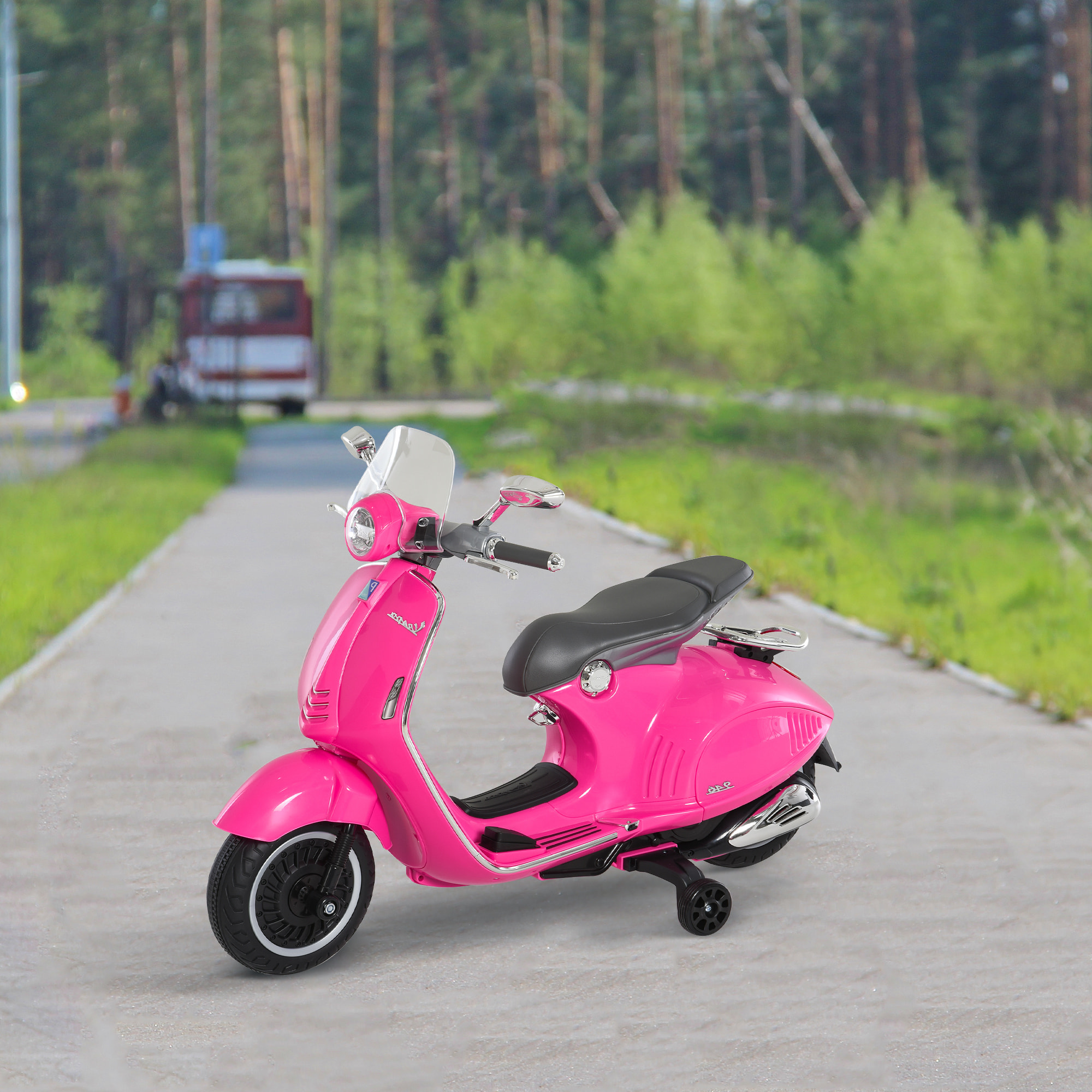 Scooter moto électrique enfant Vespa 6V 30W 2 roulettes auxiliaires effets sonores lumineux rose